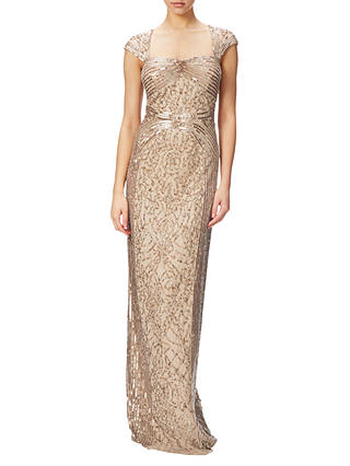 Adrianna Papell Cap Sleeve Envelope Back Beaded Gown, Champagne Gold