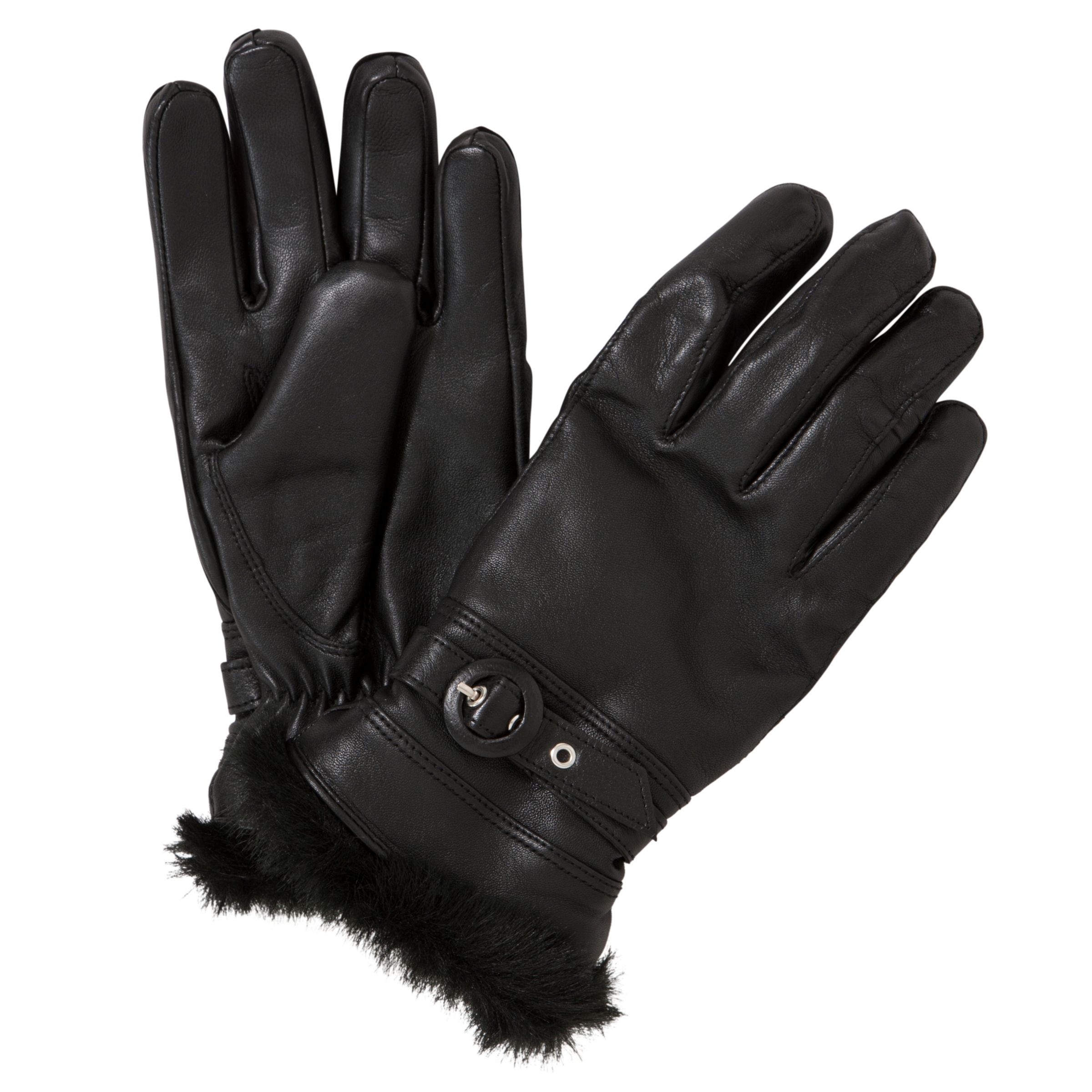 John Lewis Fur Trim Thermal Leather Gloves, Black at John Lewis & Partners