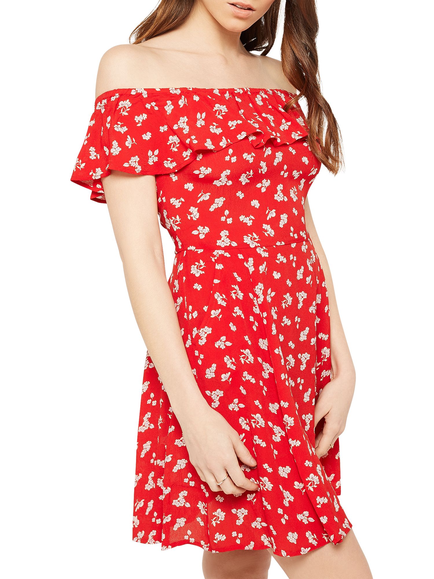 Miss Selfridge Floral Print Bardot Skater Dress, Red