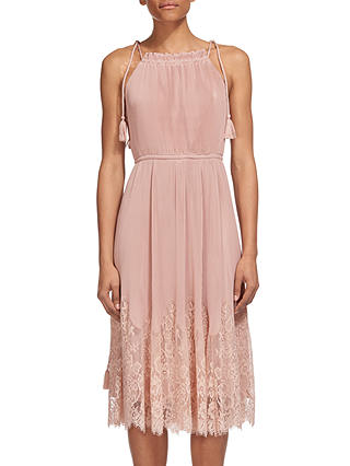 Whistles Lilian Pleated Lace Mix Dress, Pale Pink