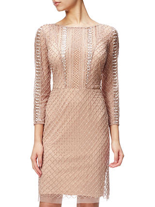 Adrianna Papell Beaded Three-Quarter Sleeve Cocktail Dress, Rose Gold