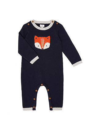 John Lewis & Partners Baby Footless Knitted Fox Romper, Blue