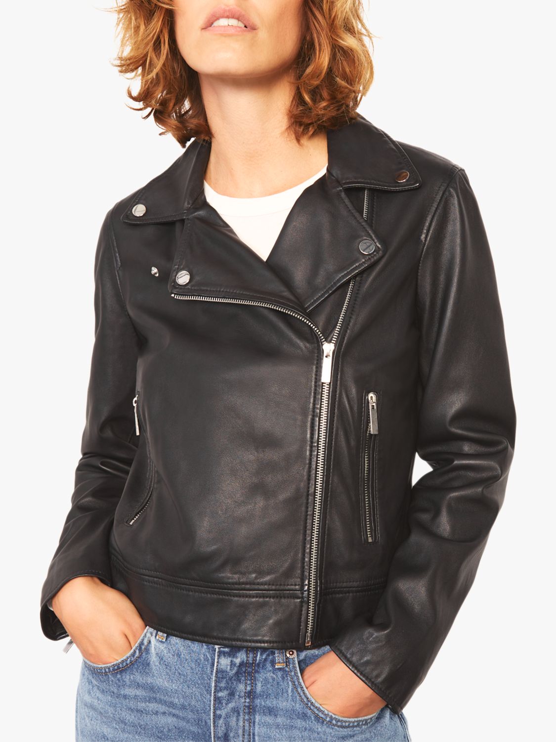 Jigsaw Clean Leather Biker Jacket, Black