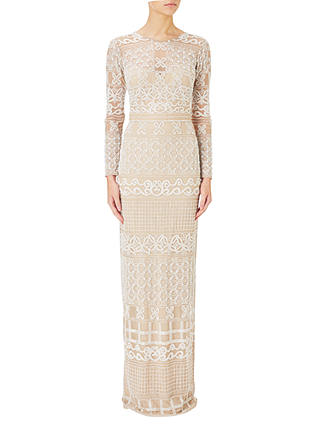 Adrianna Papell Illusion Long Sleeve Beaded Gown, Ivory/Nude