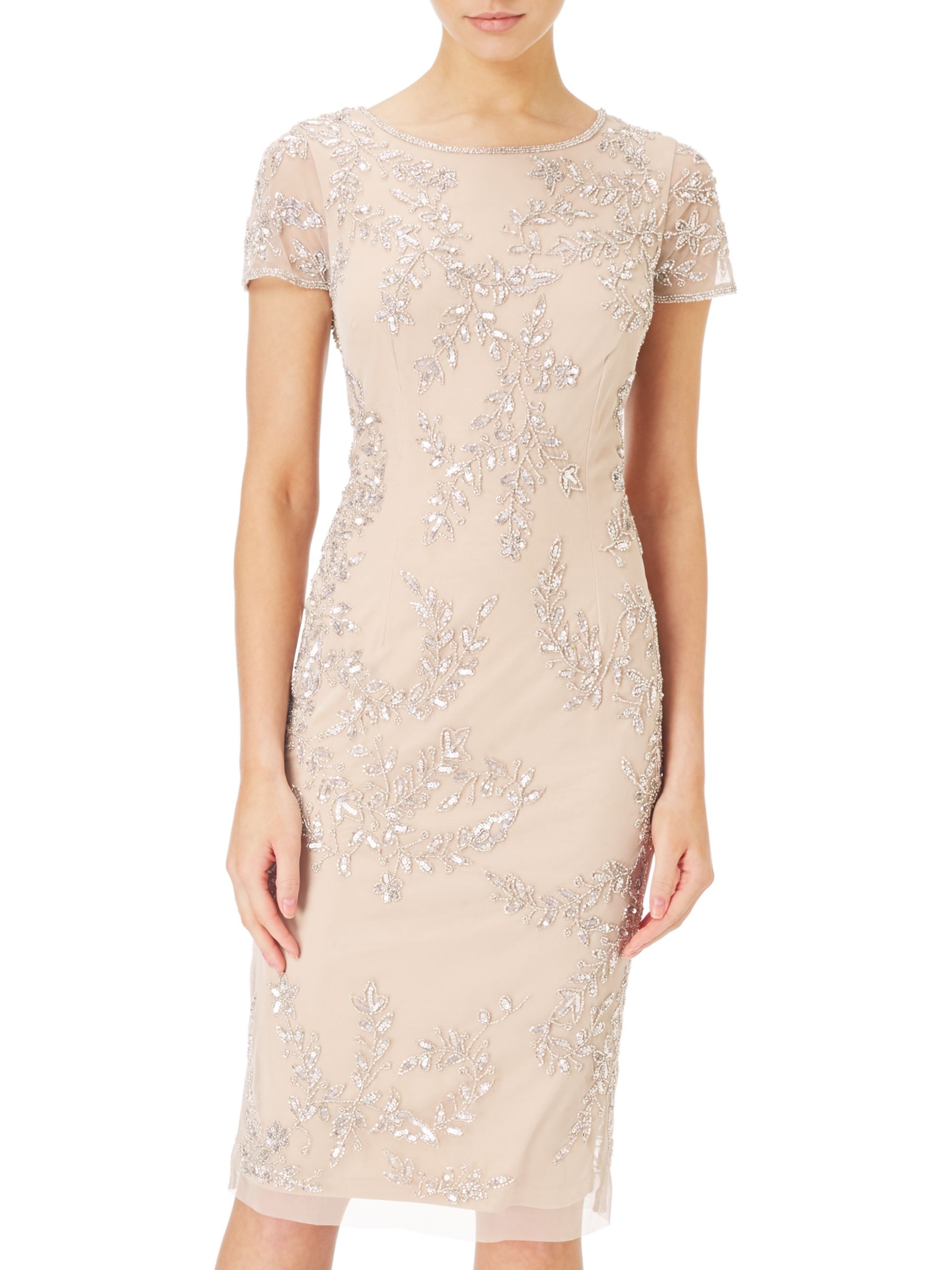 Adrianna Papell Tea Length Beaded Dress Silver Nude at