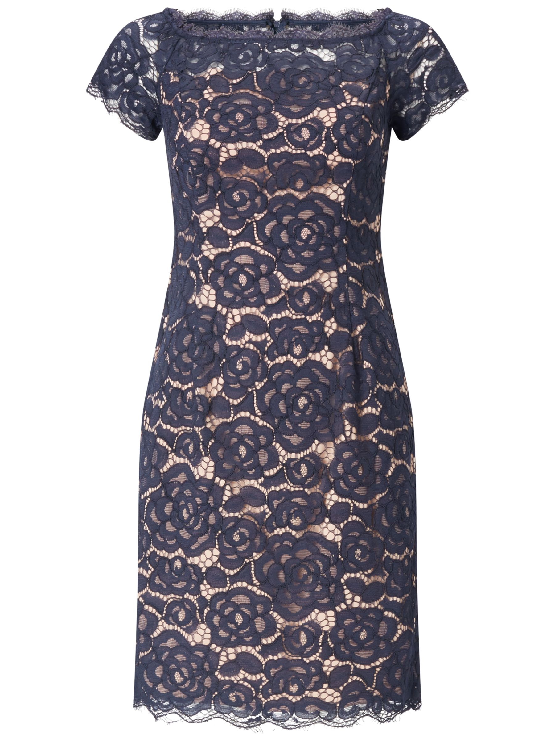 Adrianna Papell Off Shoulder Lace Sheath Dress, Midnight Blue/Pale Pink