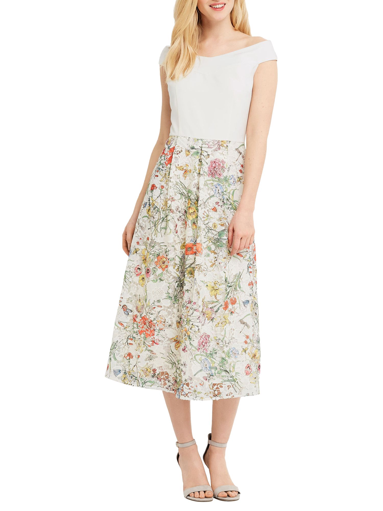 Oasis Spring Print Lace Bardot Dress, Multi/Natural, 16