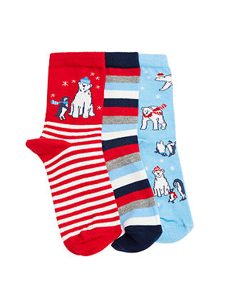John Lewis Children's Christmas Polar Bear Socks, Pack of 3, Red/Blue