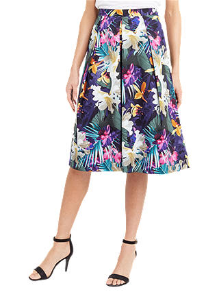 Oasis Tropical Print Midi Skirt, Multi / Blue