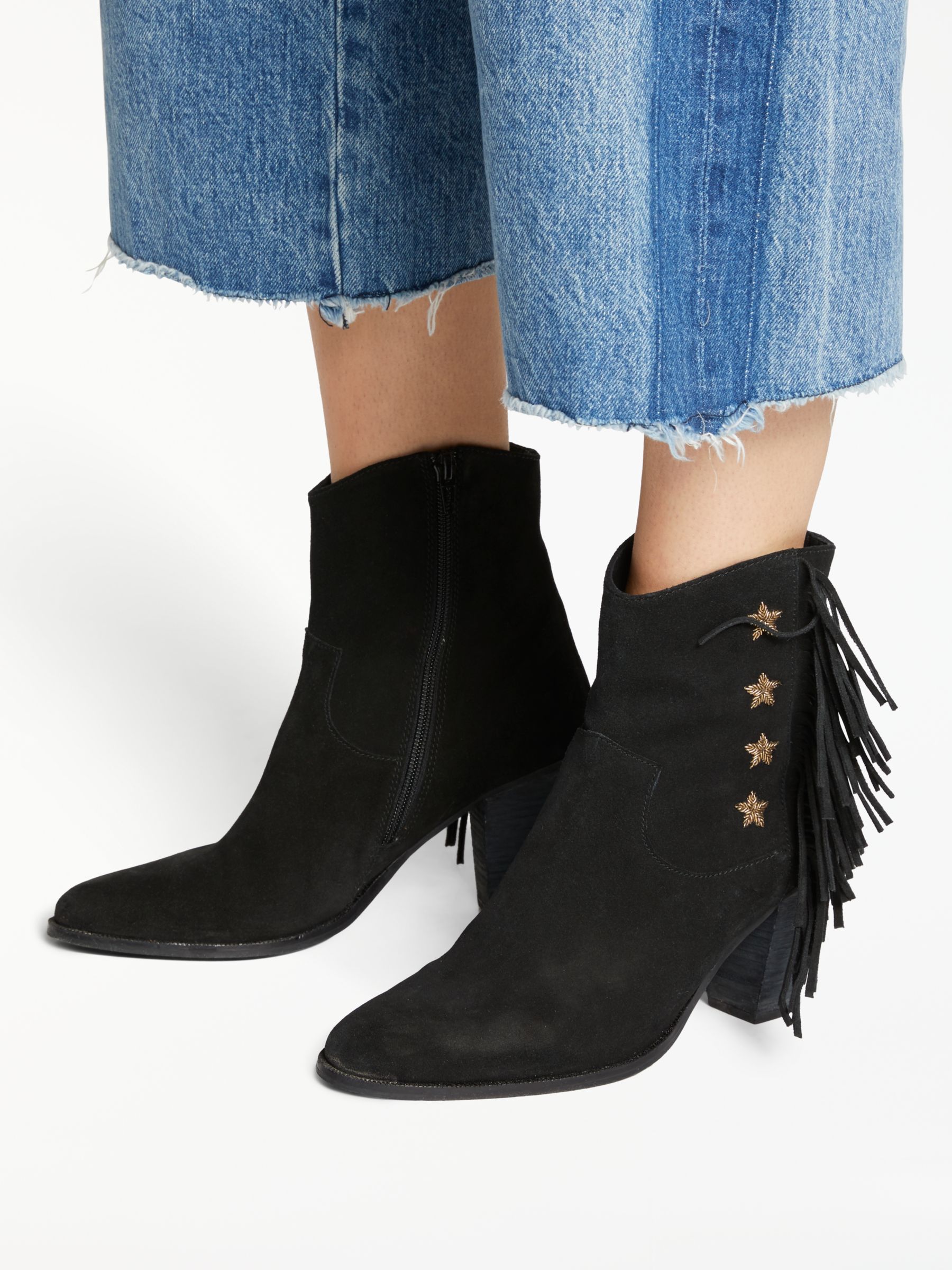 AND/OR Taryn Star Fringed Ankle Boots, Black Suede at John Lewis & Partners
