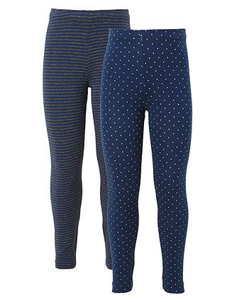 John Lewis & Partners Girls' Stripe And Polka Dot Leggings, Pack of 2, Grey/Blue