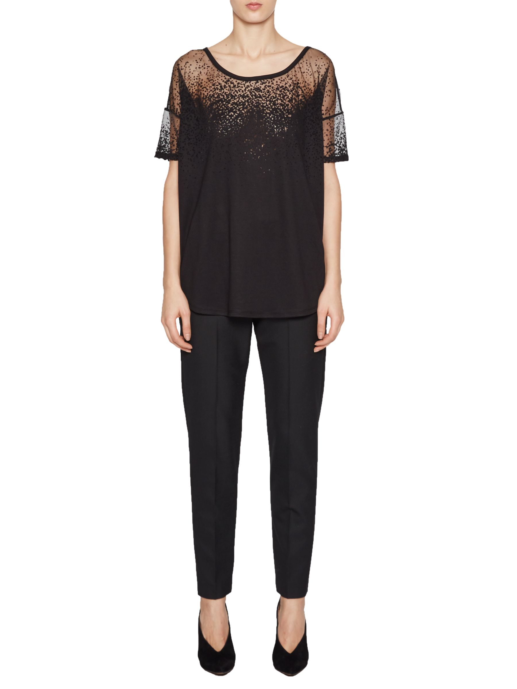 French Connection Sheer Space Jersey Round Neck Top, Black, M