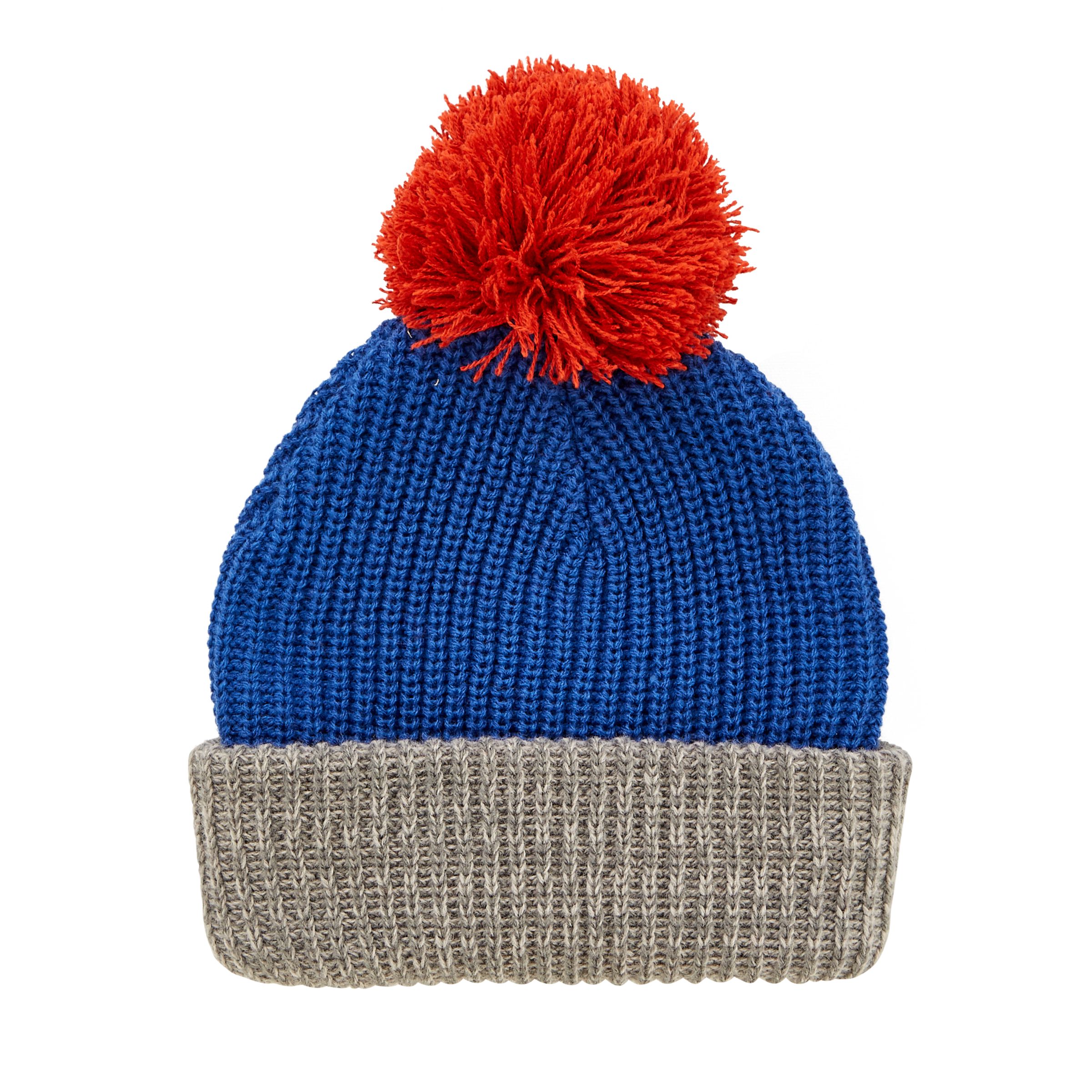 John Lewis & Partners Children's Contrast Knitted Bobble Hat, Blue/Grey/Red, 3 - 5 years