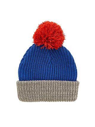 John Lewis & Partners Children's Contrast Knitted Bobble Hat, Blue/Grey/Red
