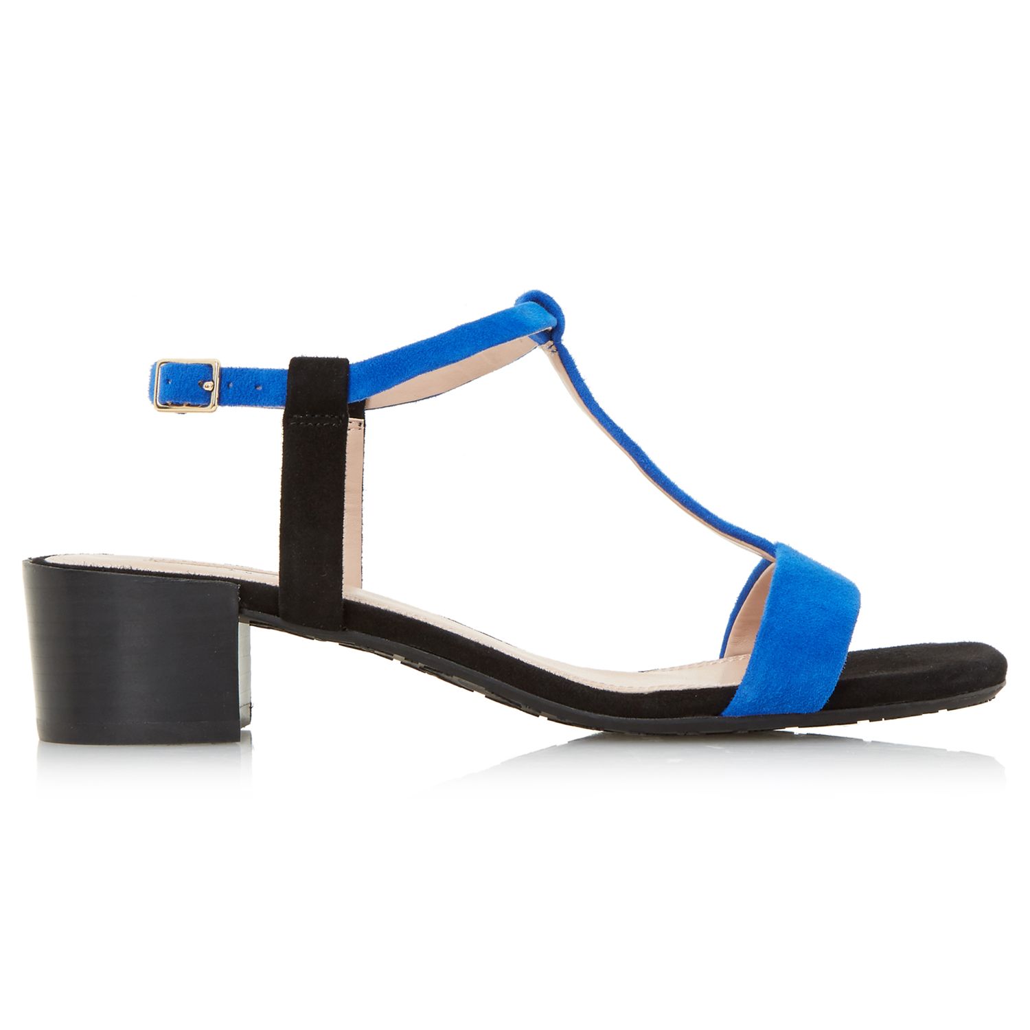 Dune Issie T-Bar Block Heeled Sandals, Black/Blue Suede, 6