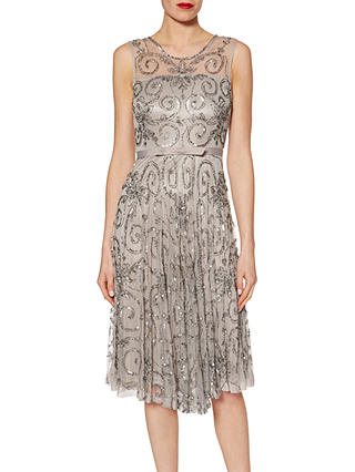 Gina Bacconi Beaded Dress With Belt, Silver