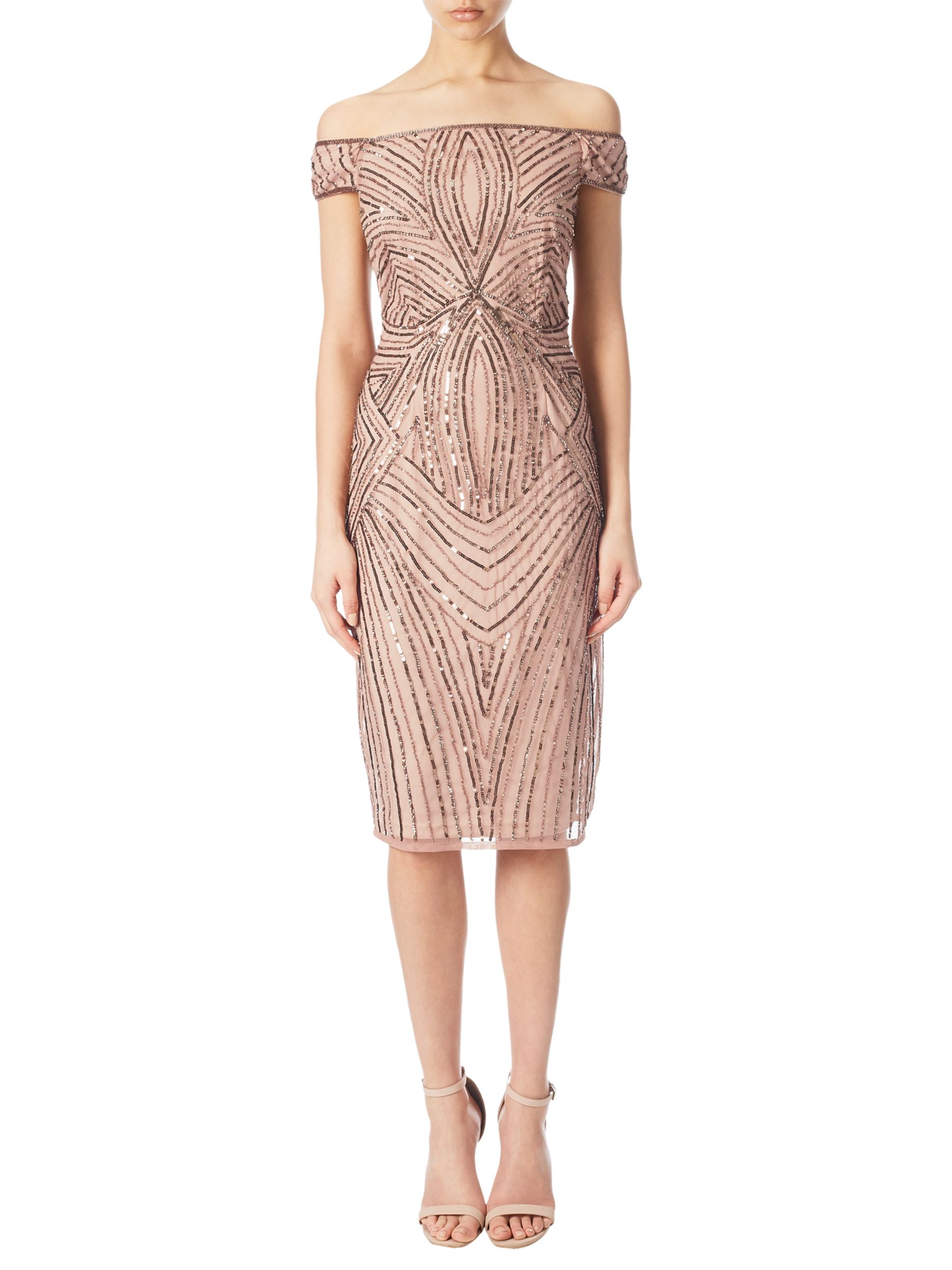 Adrianna Papell Off Shoulder Beaded Cocktail Dress, Rose Gold at John ...