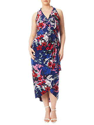 Adrianna Papell Plus Size Halter Neck Floral Print Wrap Dress, Blue/Multi