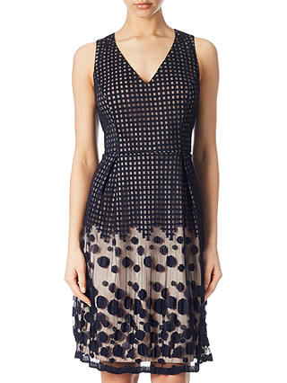 Adrianna Papell Pleated Plaid Dot Fit And Flare Dress, Navy/Pink