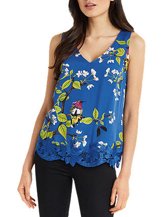 Oasis Lace Trim Bird Print Vest, Blue/Multi