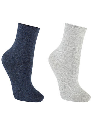 John Lewis & Partners Organic Cotton Blend Roll Top Socks, Pack of 2, Navy/Grey