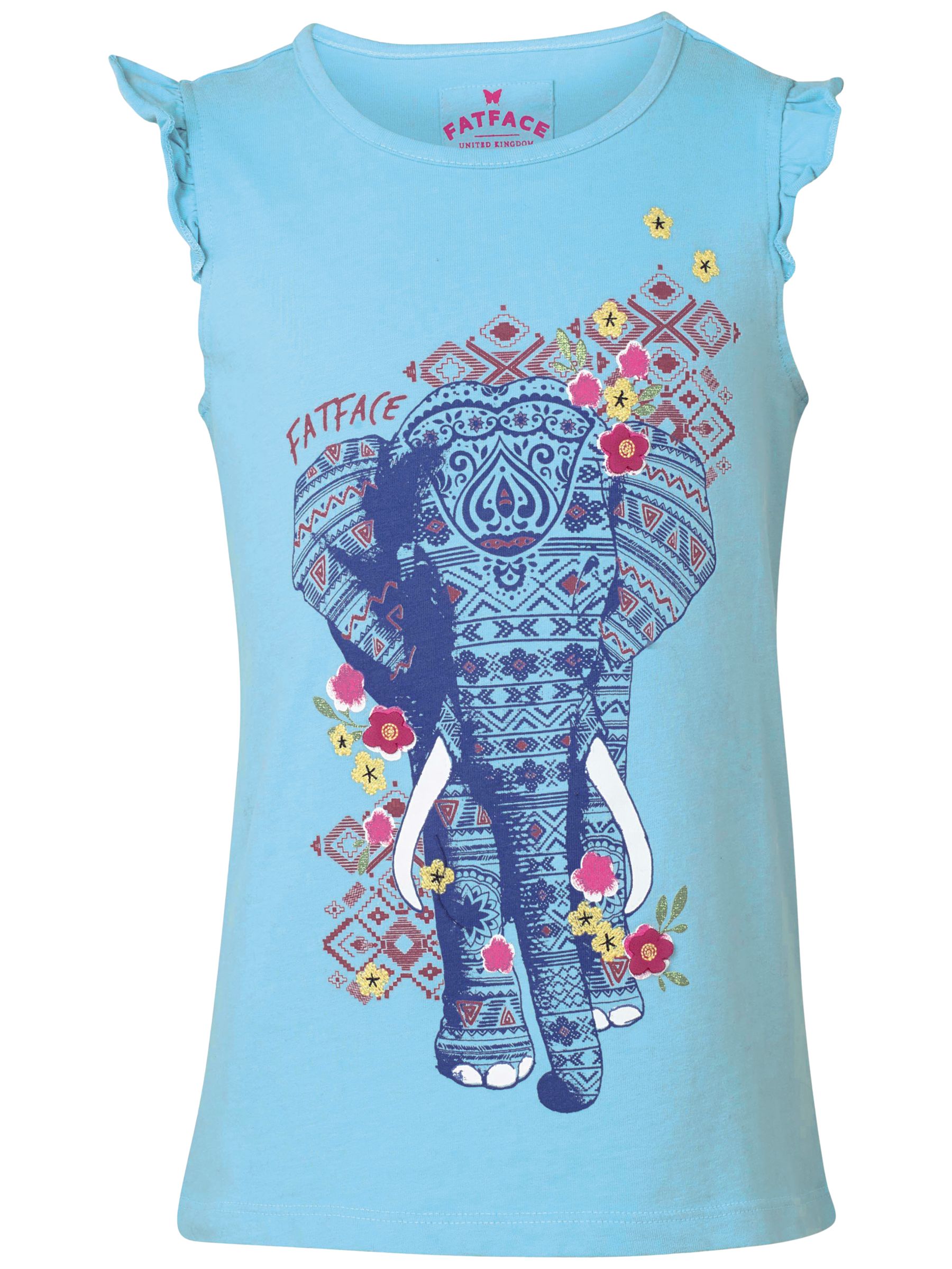Fat Face Girls' Sleeveless Elephant T-Shirt, Aqua