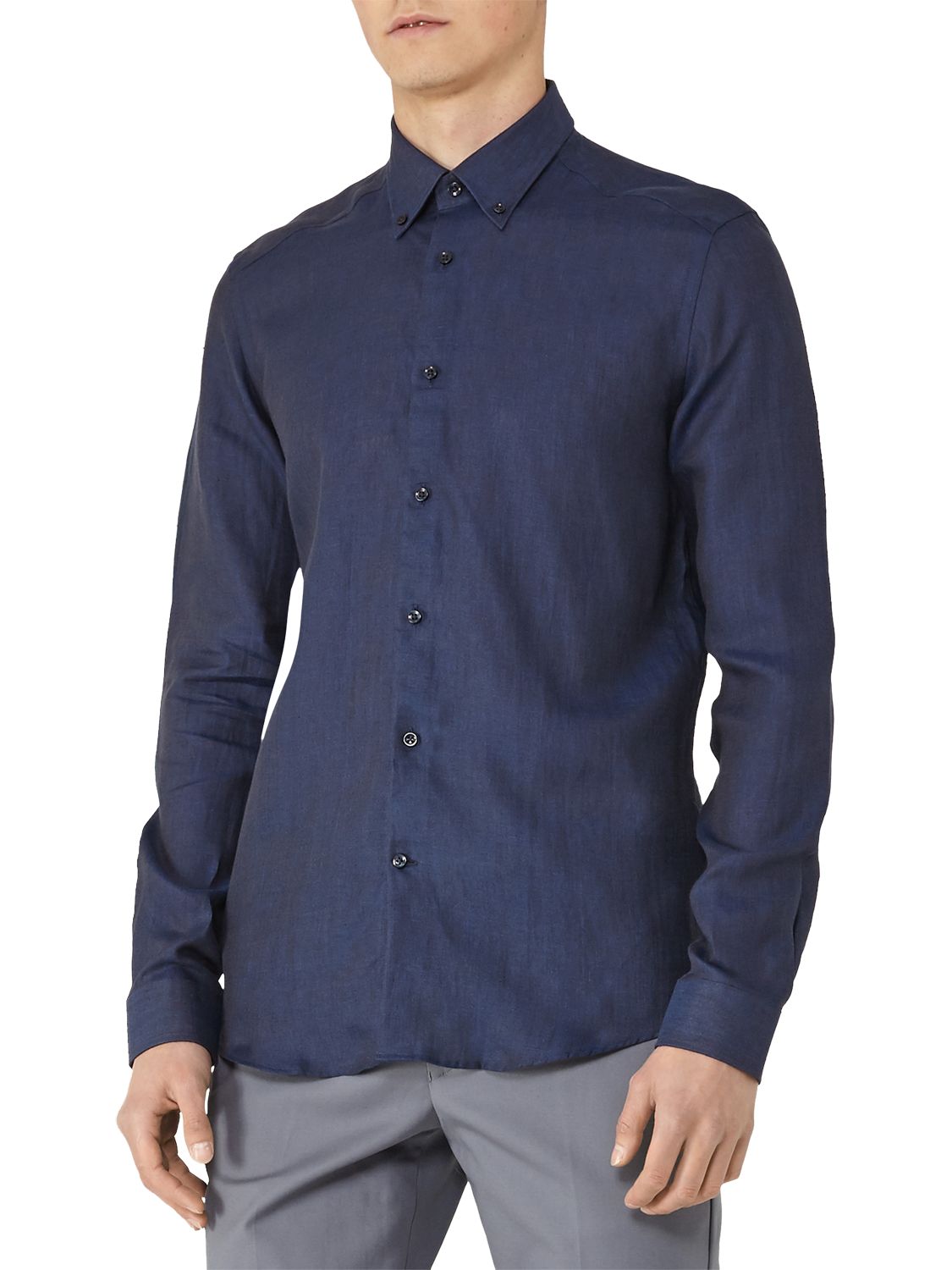 Reiss Nicky Long Sleeve Linen Shirt, Navy, XL