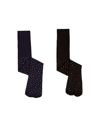 John Lewis Kids' Silver and Gold Star Print Tights, Pack of 2, Black/Navy