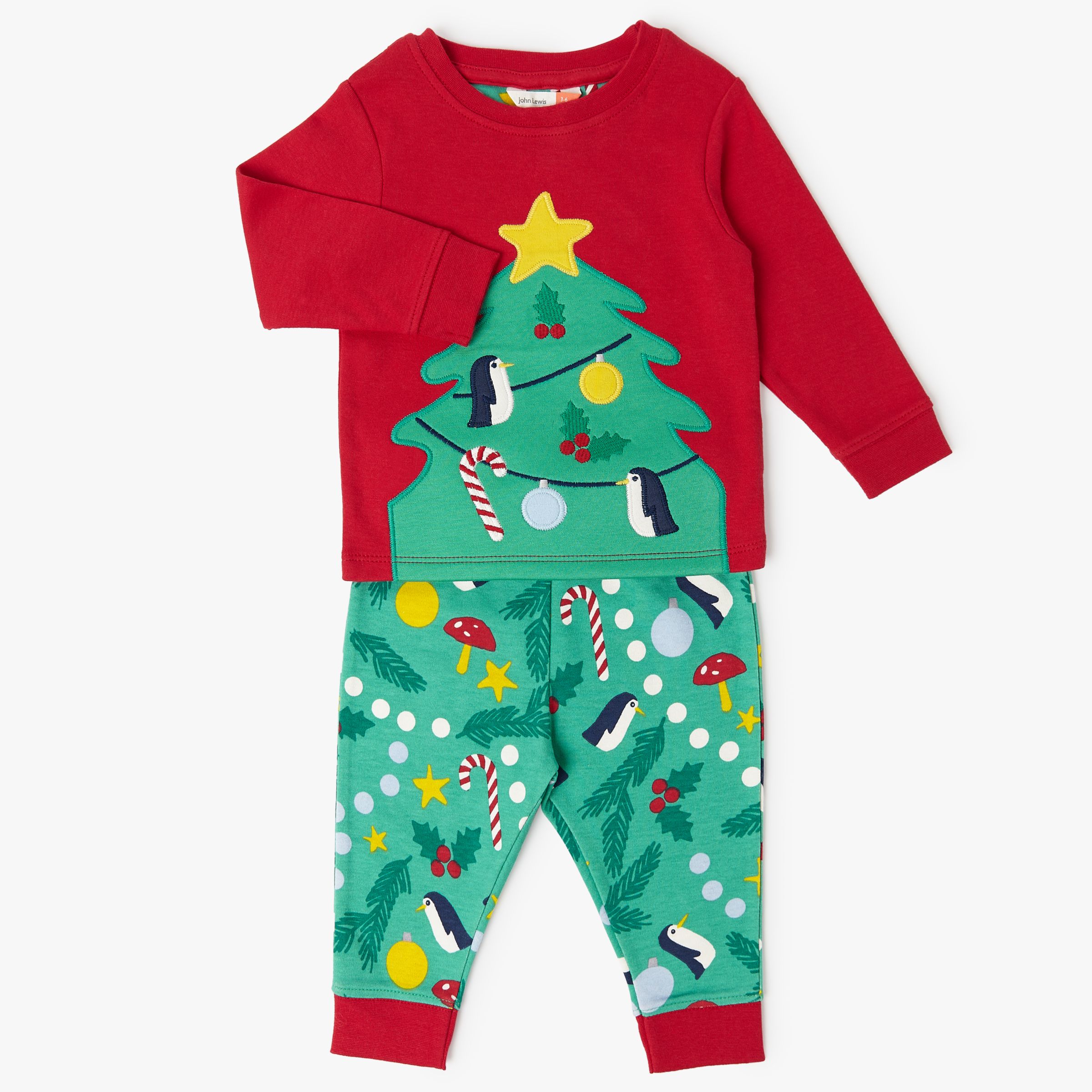 John Lewis & Partners Baby Christmas Tree Print Pyjamas, Green/Red
