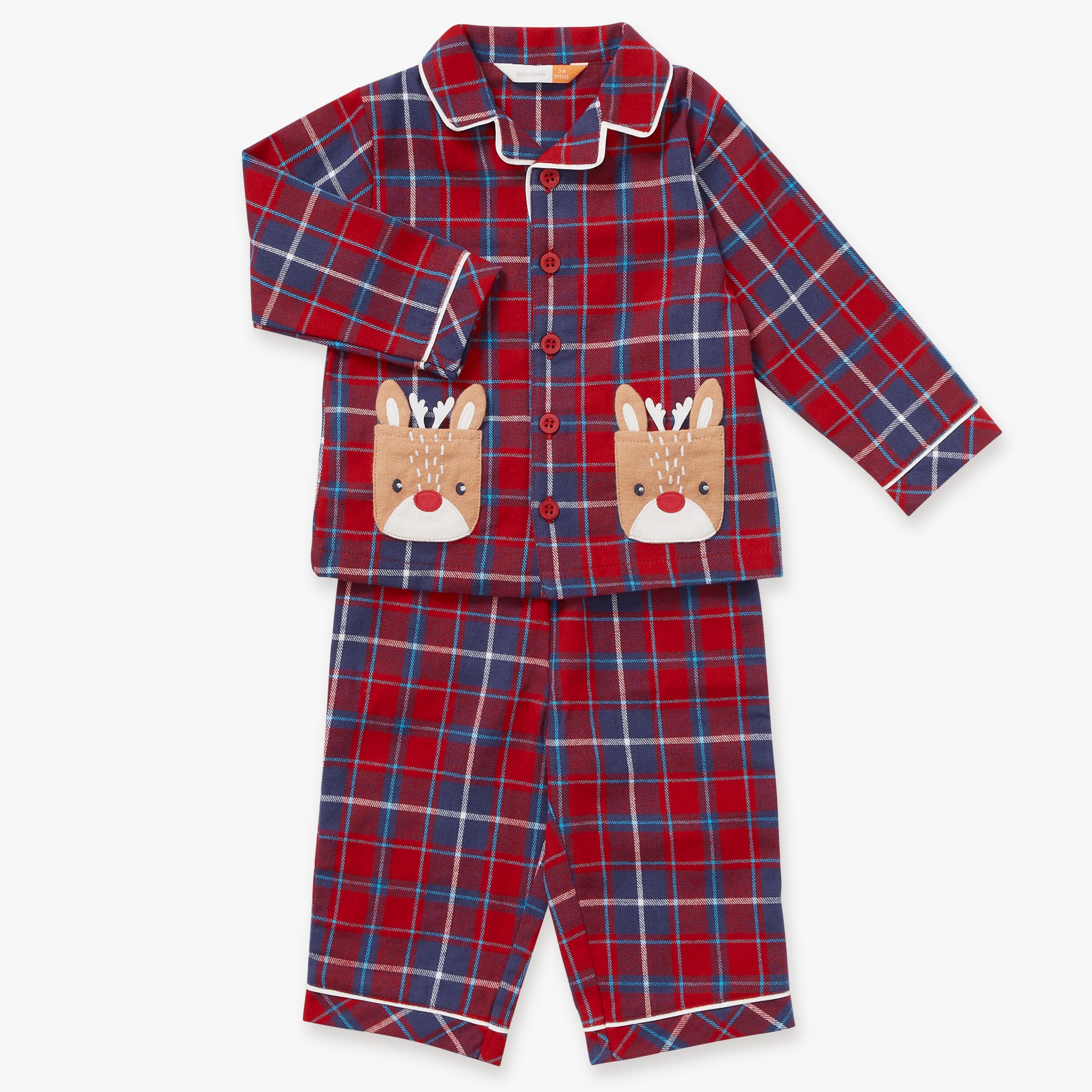 John Lewis Baby Christmas Reindeer Pocket Pyjamas, Red/Multi