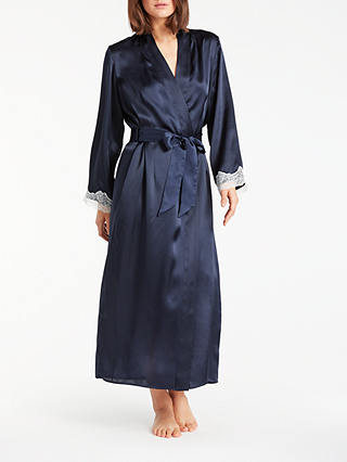 John Lewis Silk Lace Trim Long Dressing Gown, Navy/Ivory