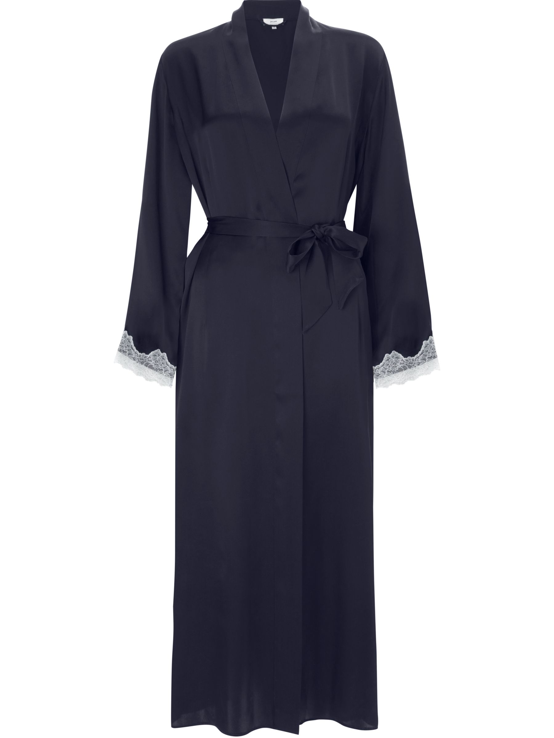 John Lewis Silk Lace Trim Long Dressing Gown, Navy/Ivory at John Lewis ...