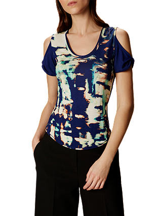 Karen Millen Printed Cut-Out Shoulder T-Shirt, Blue/Multi