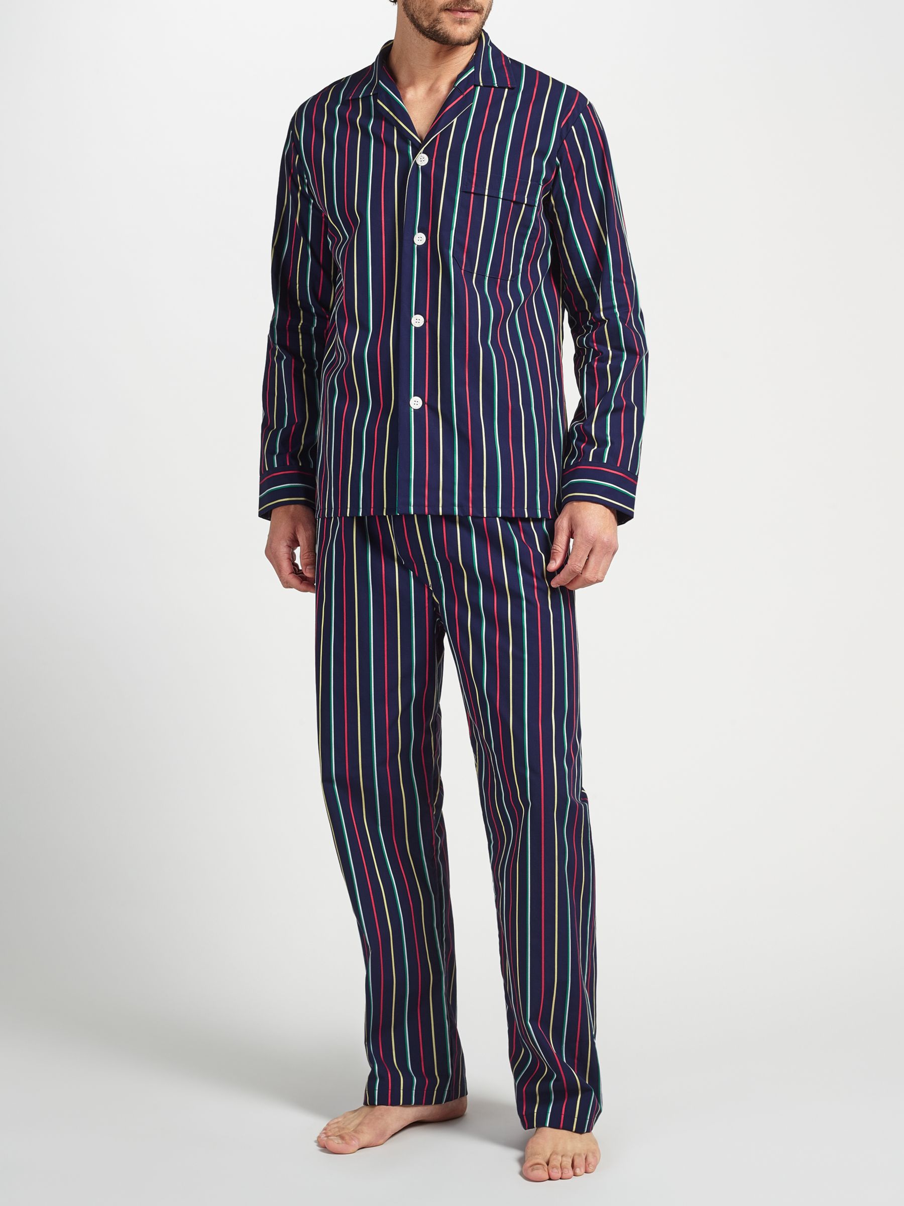 Derek Rose Multi Stripe Woven Cotton Pyjamas, Navy/Multi