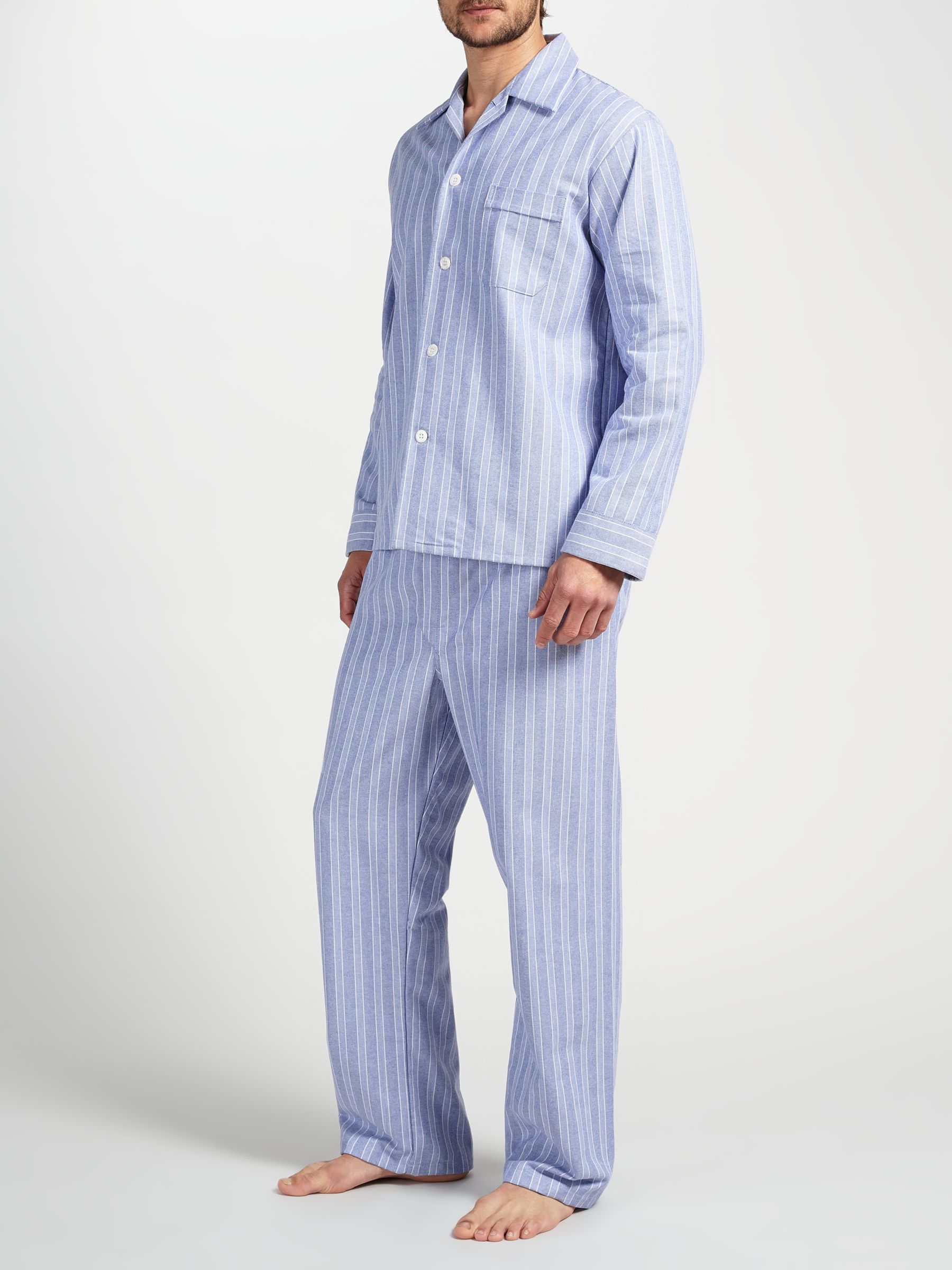 Derek Rose Brushed Cotton Stripe Pyjamas, White/Blue at John Lewis ...