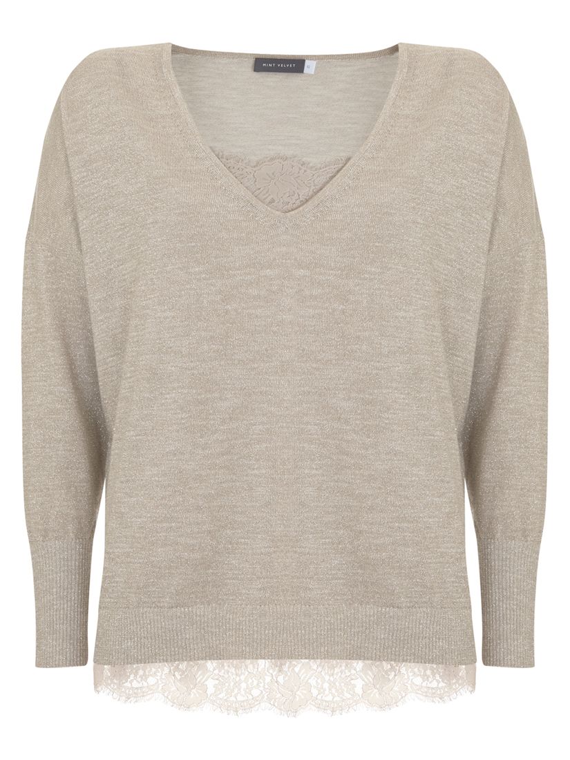 Mint Velvet Metallic V-Neck Knitted Top with Cami, Cream at John Lewis ...