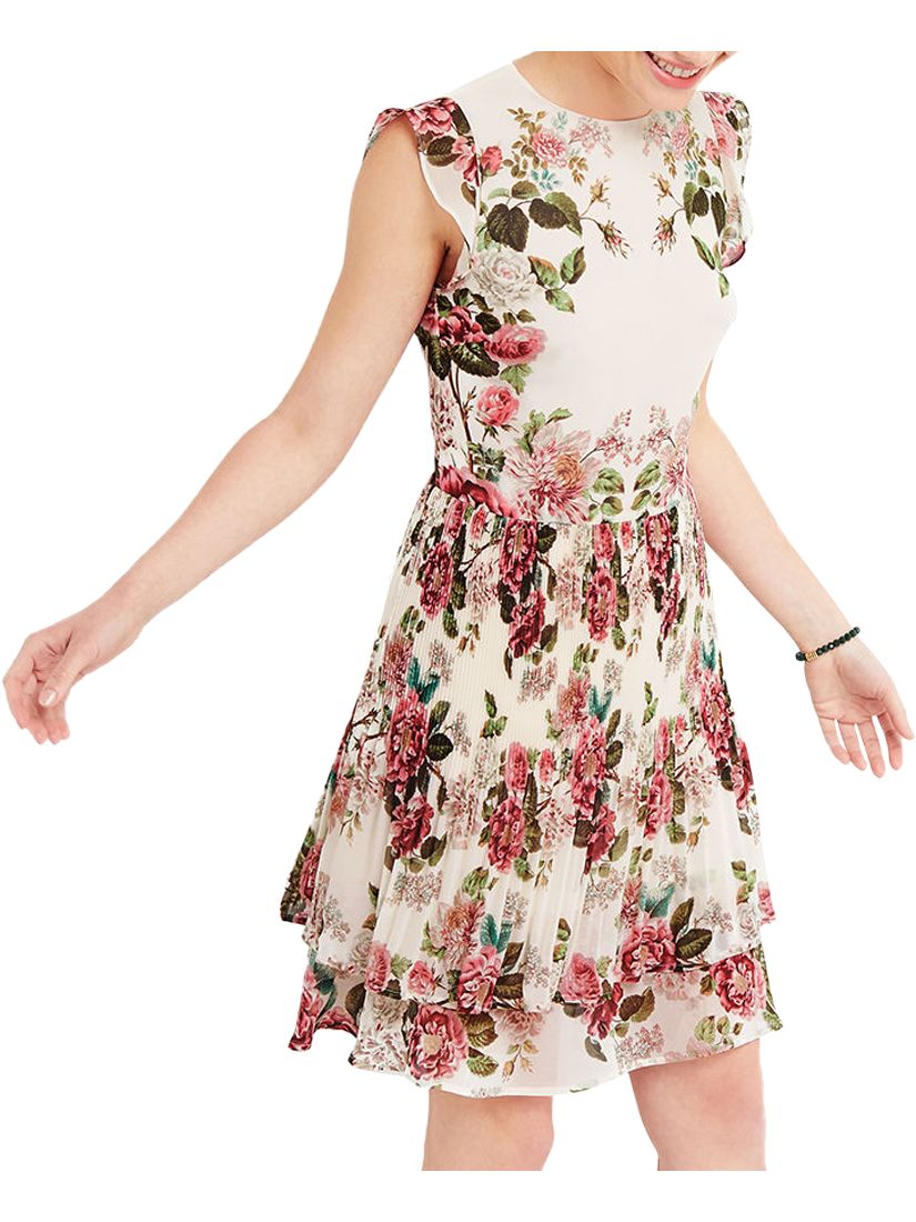 Oasis Royal Worcester Collection Pleated Floral Skater Dress, Off White, 10