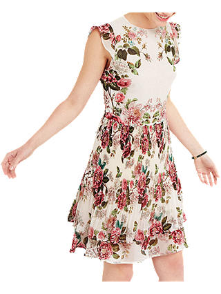 Oasis Royal Worcester Collection Pleated Floral Skater Dress, Off White