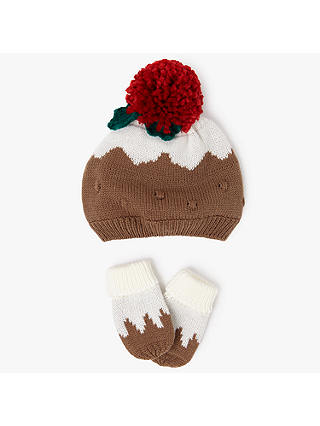 John Lewis & Partners Baby Christmas Pudding Bobble Hat and Mittens Set, Brown