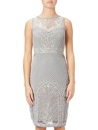Adrianna Papell Beaded Illusion Cocktail Dress, Blue Heather/Nude