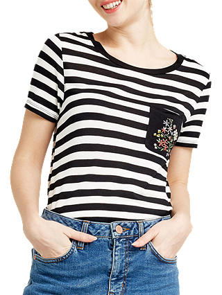 Oasis Embroidered Pocket Stripe T-Shirt, Black/White