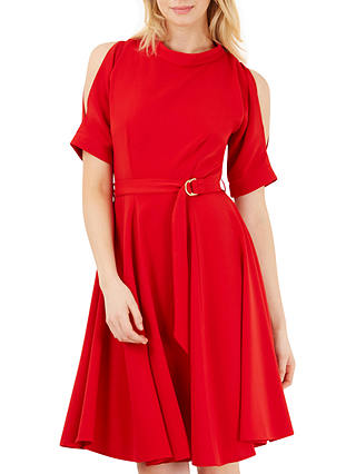 Closet Split Sleeve Belted Skater Dress, Red