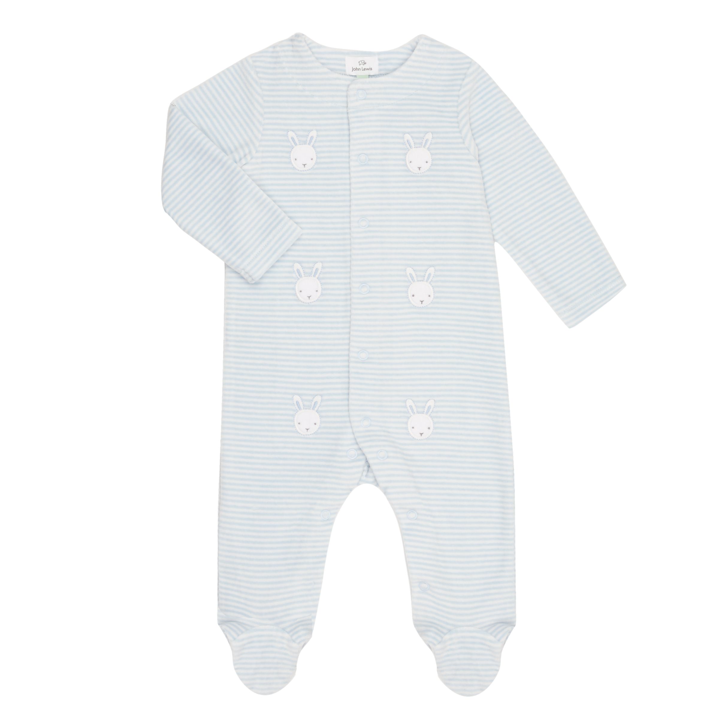 John Lewis Baby GOTS Organic Cotton Rabbit Velour Stripe Sleepsuit, Blue