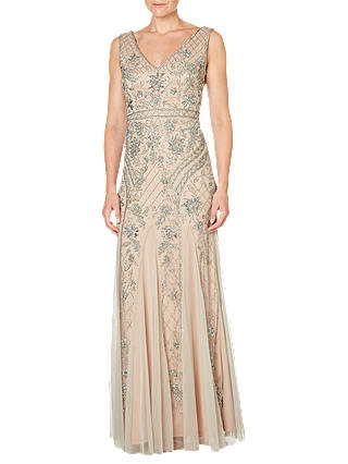 Adrianna Papell Sleeveless V-Neck Beaded Gown, Silver/Nude