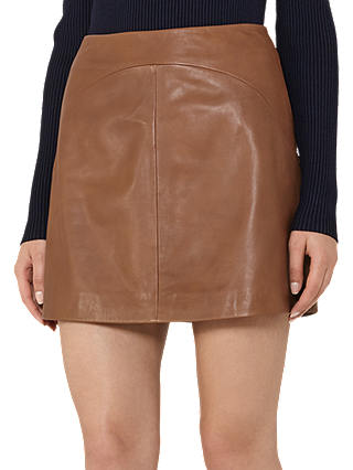 Reiss Cammie Leather A-Line Mini Skirt, Tan
