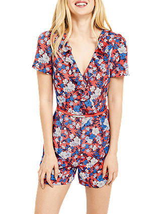 Oasis Frill Neck Playsuit, Multi/Red