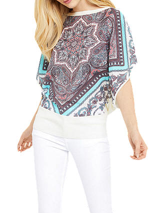 Oasis Scarf Placement Woven Knit Top, Off White/Multi