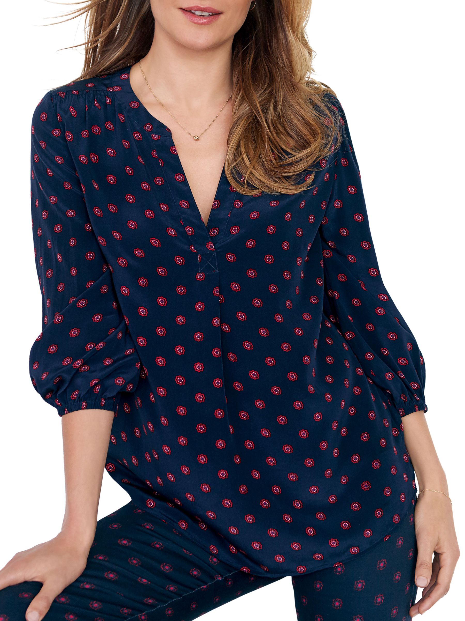Pure Collection Feminine Notch Silk Blouse, Navy/Floral Mosaic