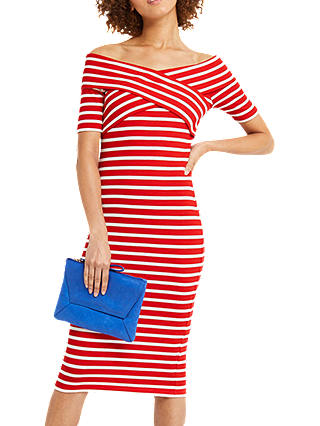 Oasis Bardot Wrap Style Dress, Red/White