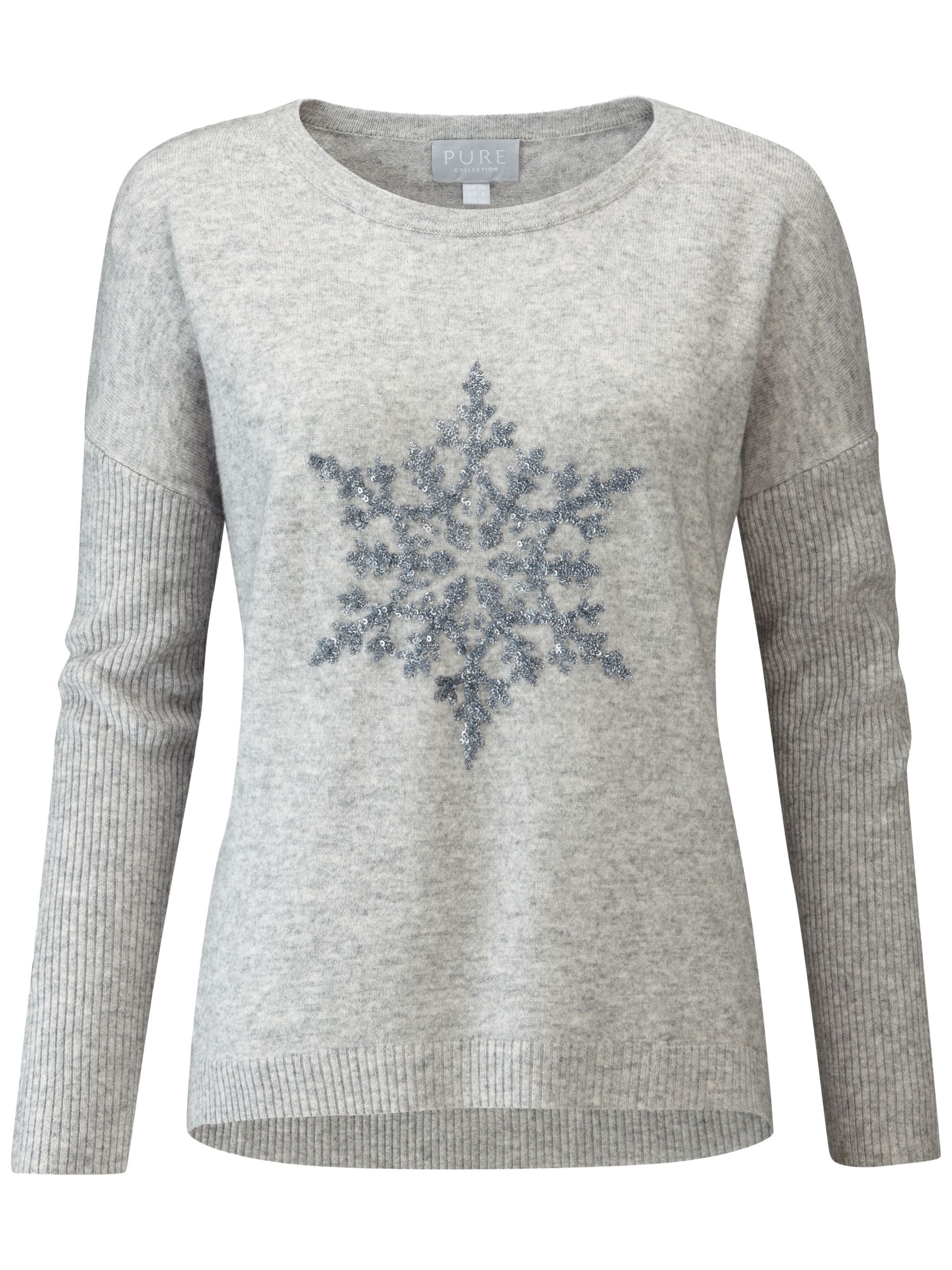 Pure Collection Sparkle Snowflake Dipped Hem Jumper, Grey, 10